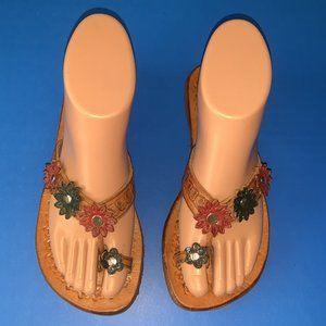 COSTA RICA Made Brown Leather Floral Flip Flop Thong Sandals Size 6